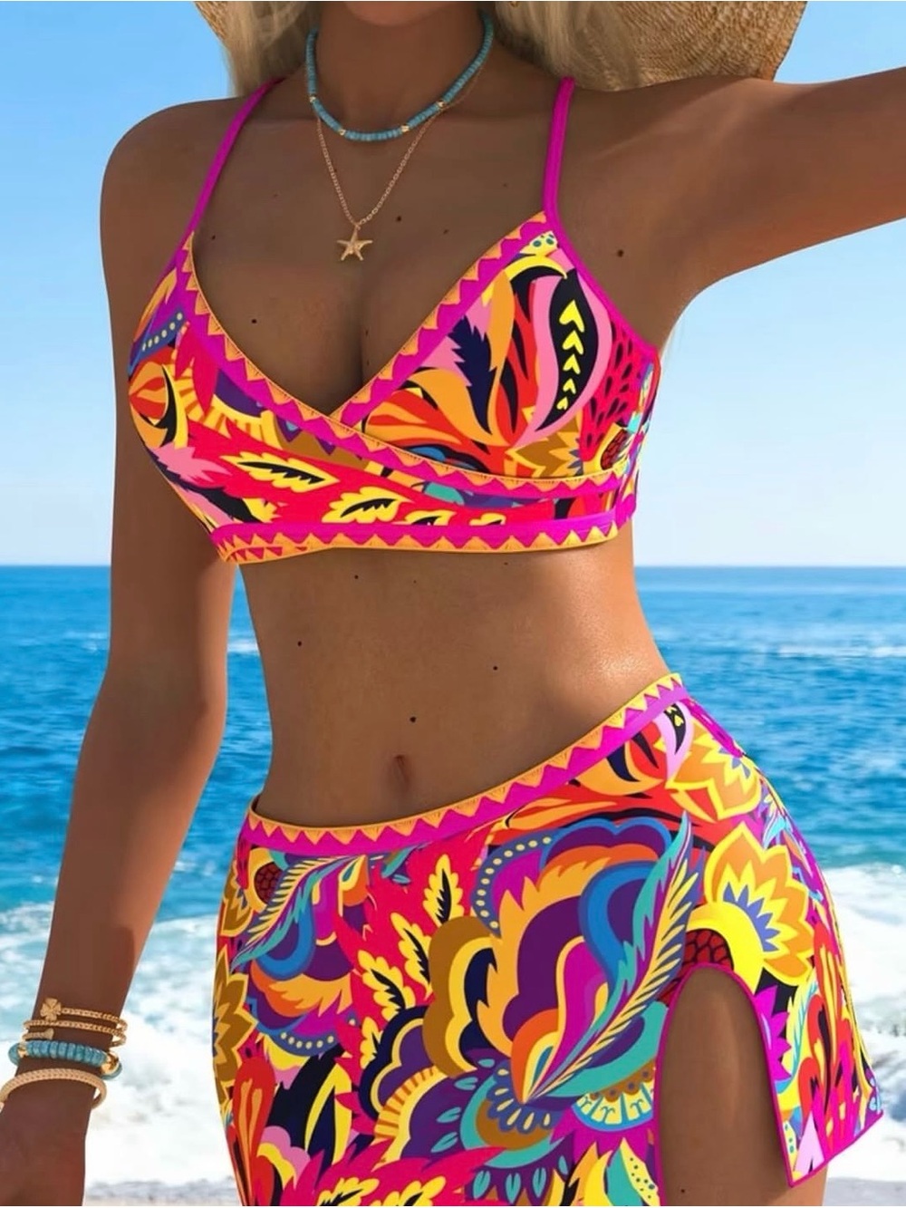 Tropical Pink Multi V-Neck Swim Top and Skirt Set